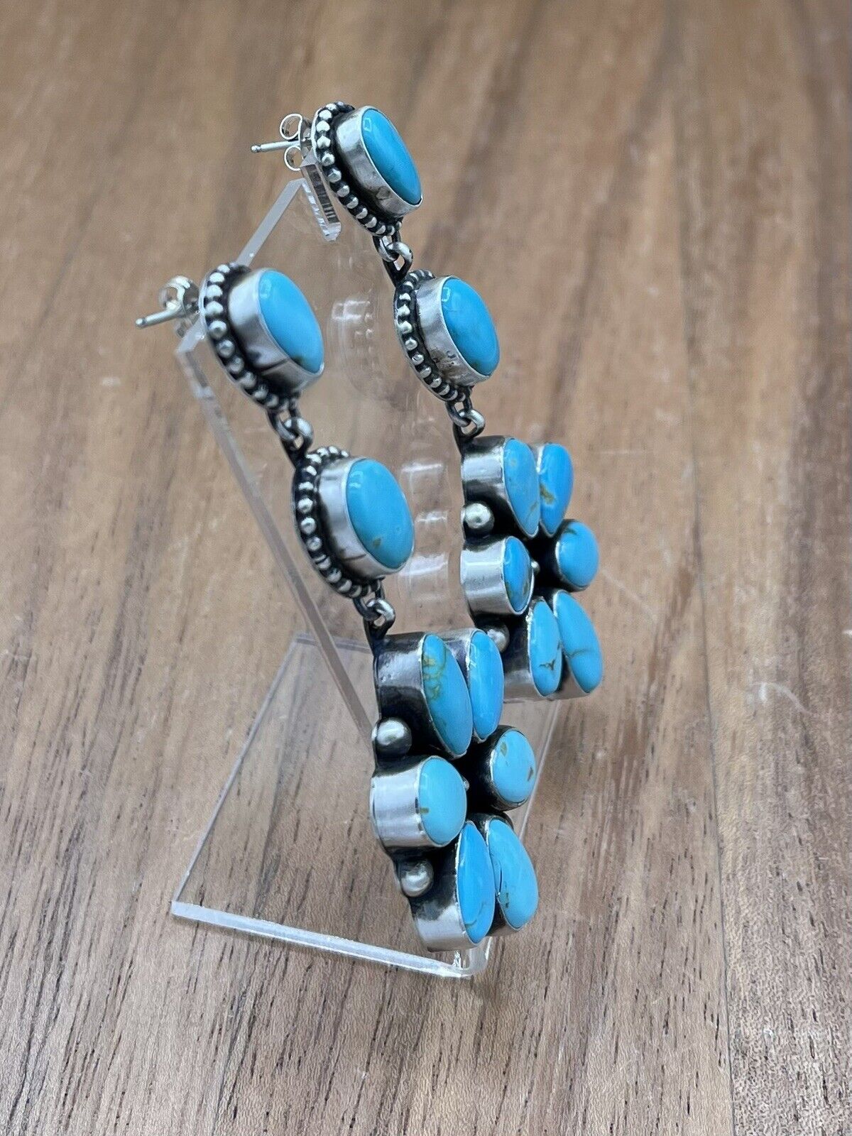 Native American Navajo Handmade Silver Kingman Turquoise Dangle Cluster Earrings