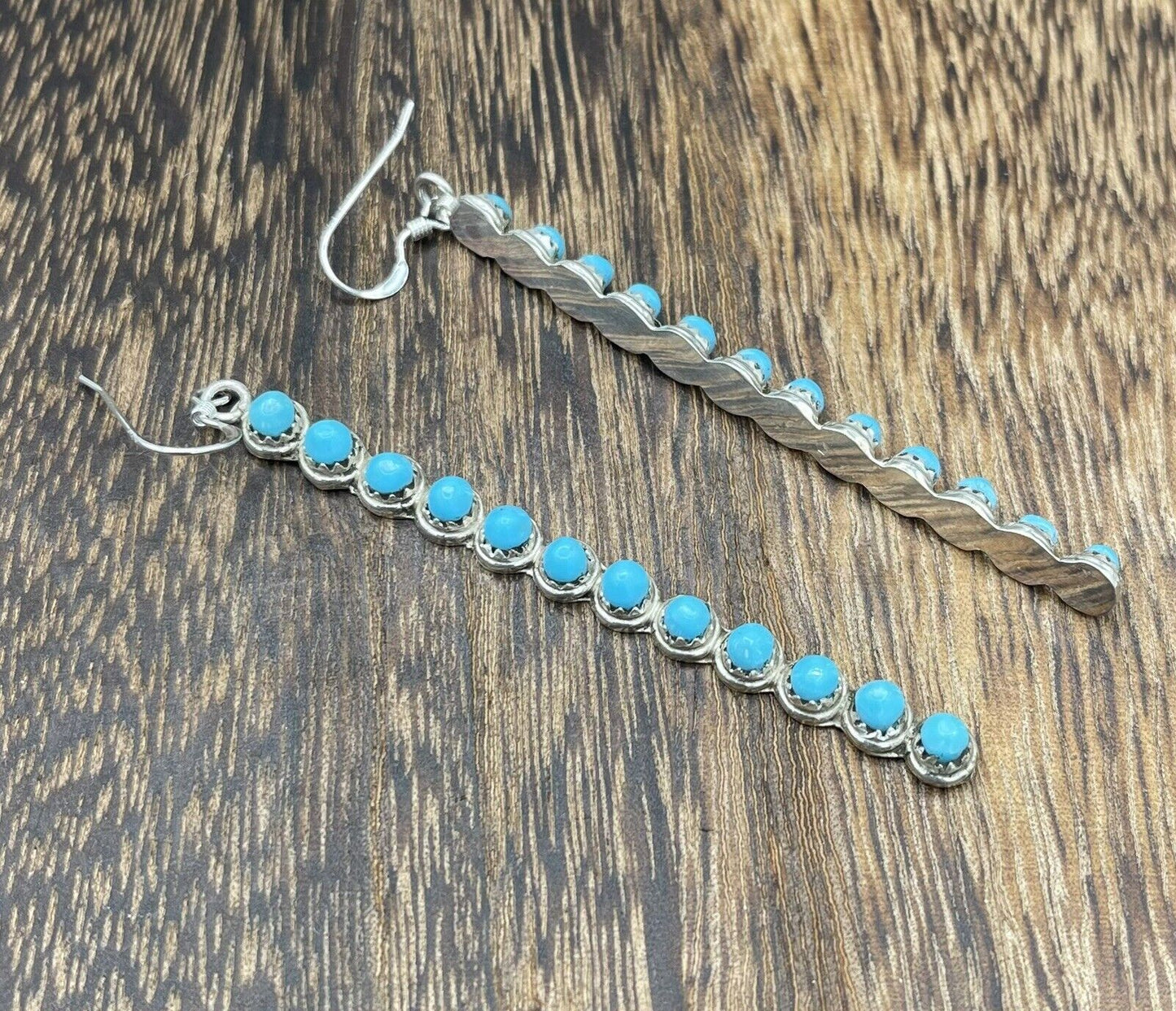 Native American Sterling Silver Zuni Handmade Natural Turquoise Dangle Earring