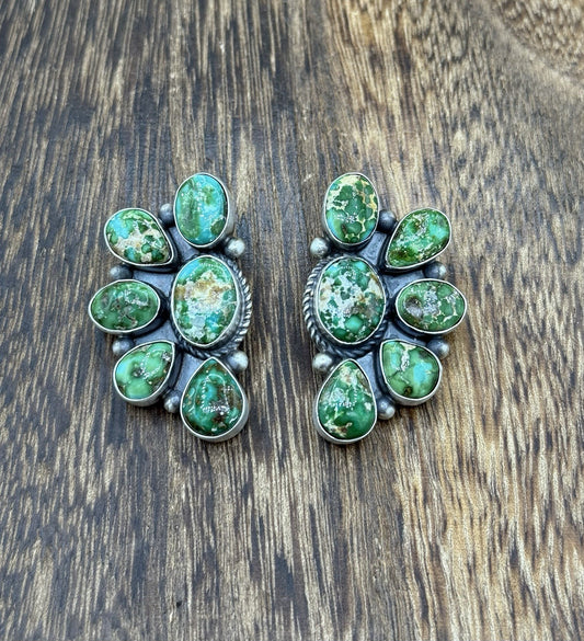 Navajo Handmade Sterling Silver Sonoran Gold Turquoise Half Cluster Earrings