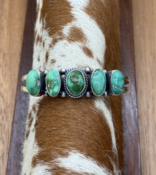 Navajo Handmade Sterling Silver Sonoran Gold Turquoise Cluster Cuff Bracelet