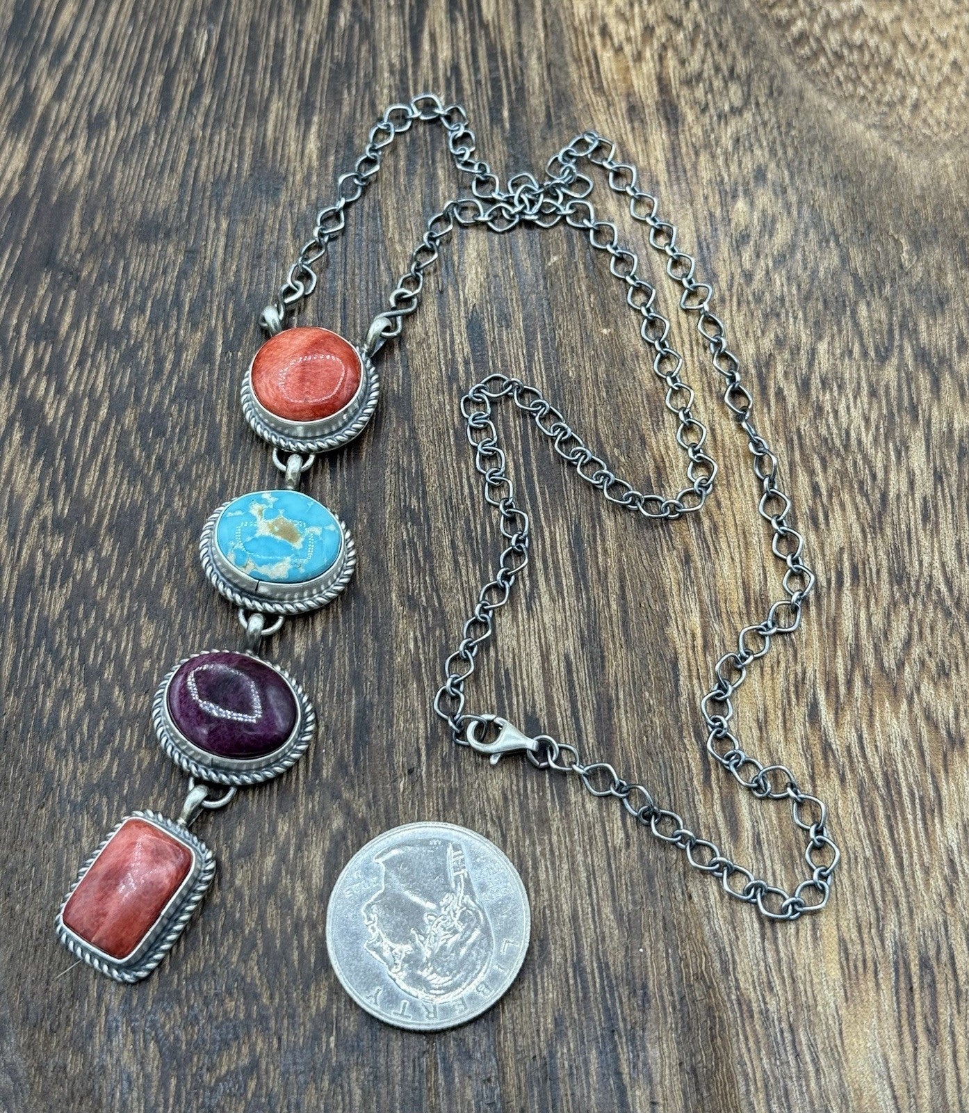 Navajo Handmade Sterling Silver Multi Color Mixed Stone Lariat Necklace 18”