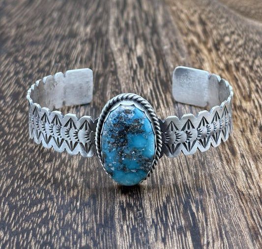 Navajo Handmade Sterling Silver Morenci Turquoise Stacker Cuff Bracelet