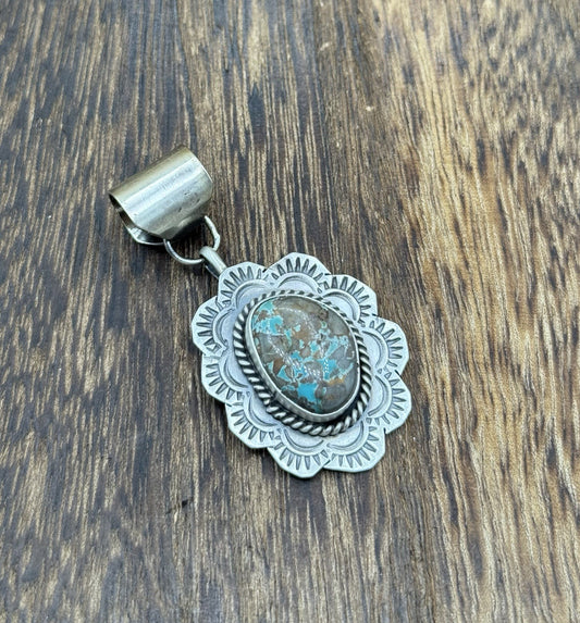 Navajo Handmade Sterling Silver Royston Turquoise Stamped Design Drop Pendant