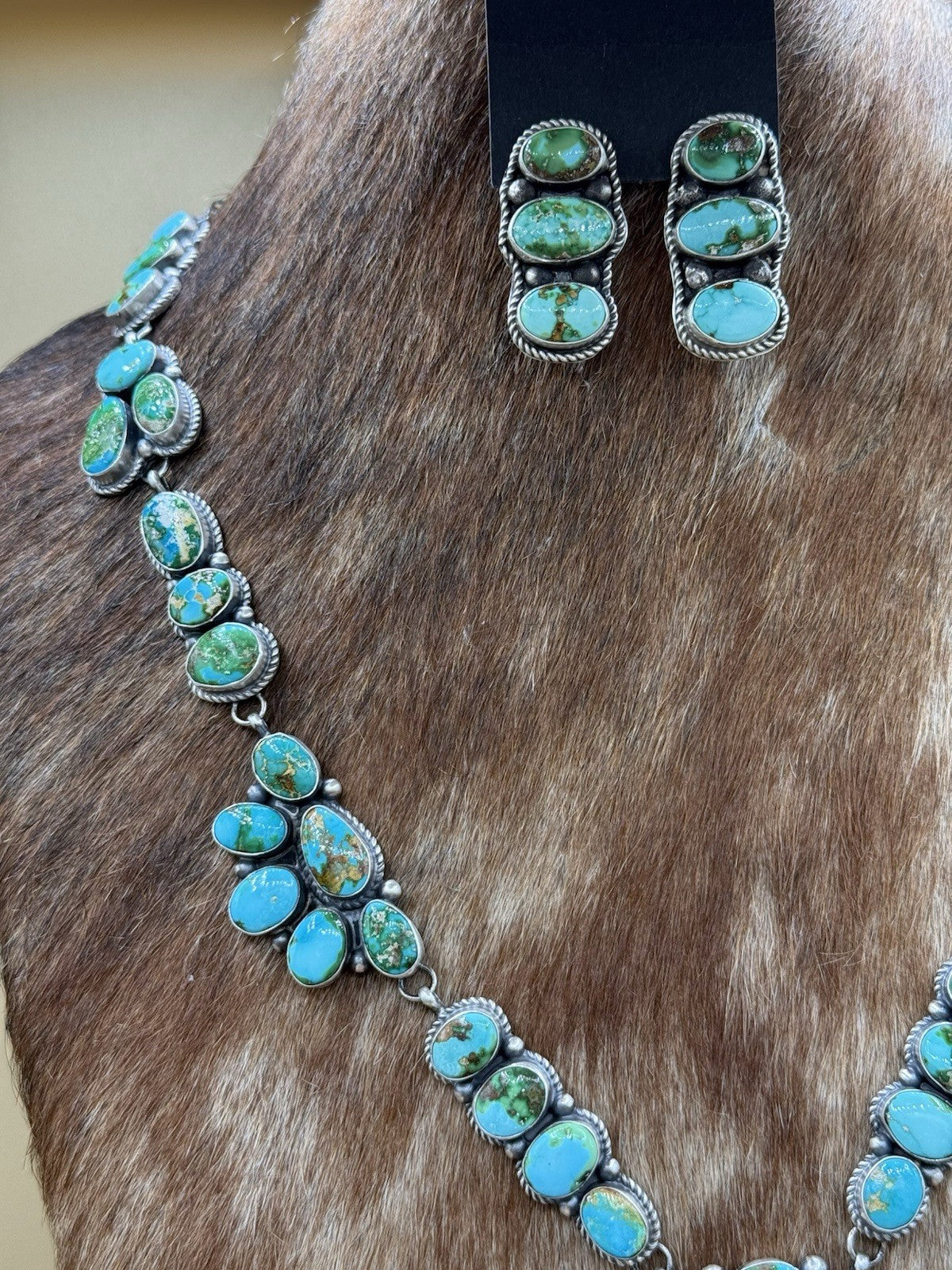 Navajo Handmade Sterling Silver Sonoran Gold Turquoise Cluster Lariat Necklace