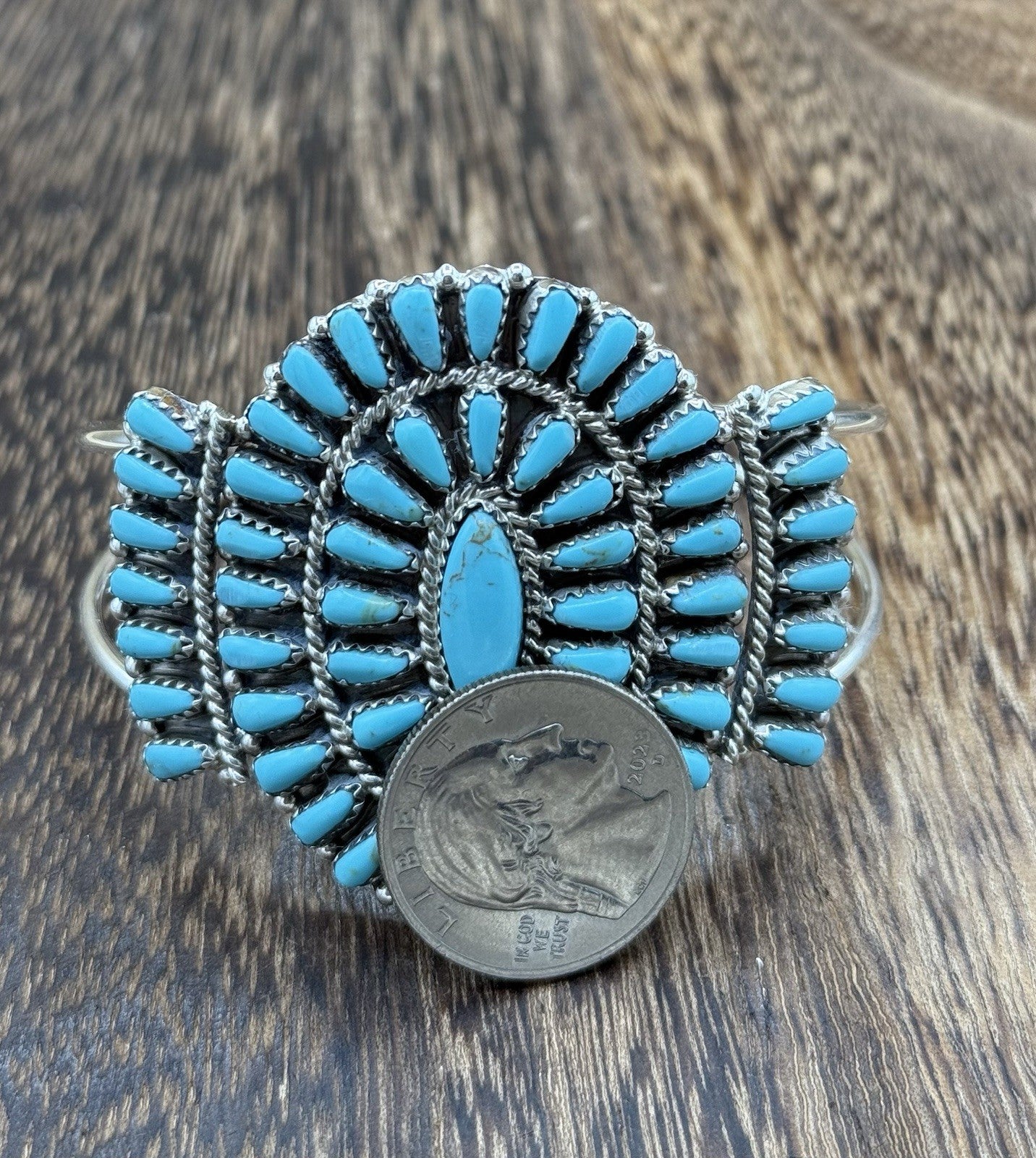 Native American Navajo Handmade Sterling Silver Turquoise Cluster Cuff Bracelet