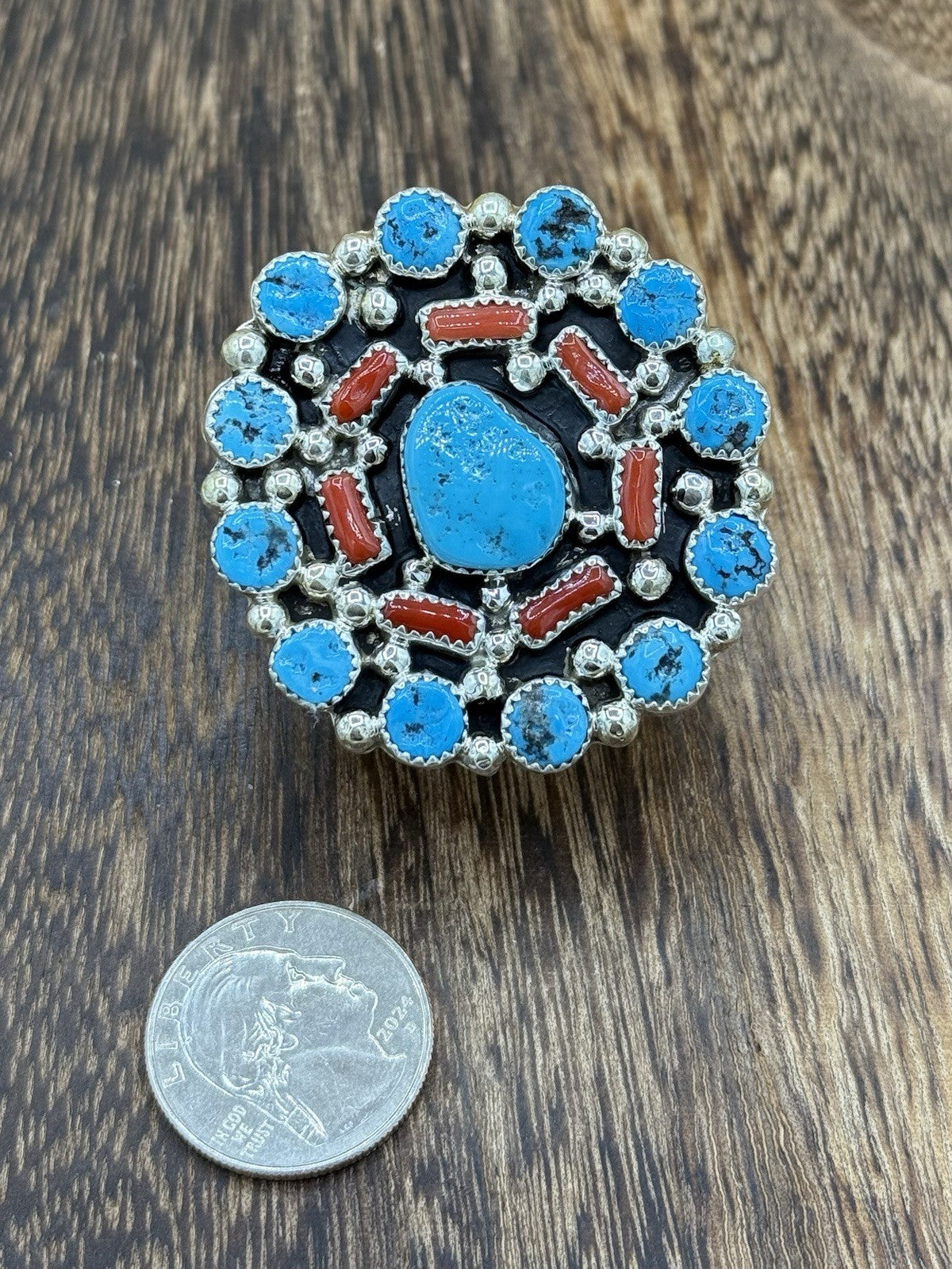 Navajo Handmade Sterling Silver Sleeping Beauty Turquoise & Coral Adjustable 6-9