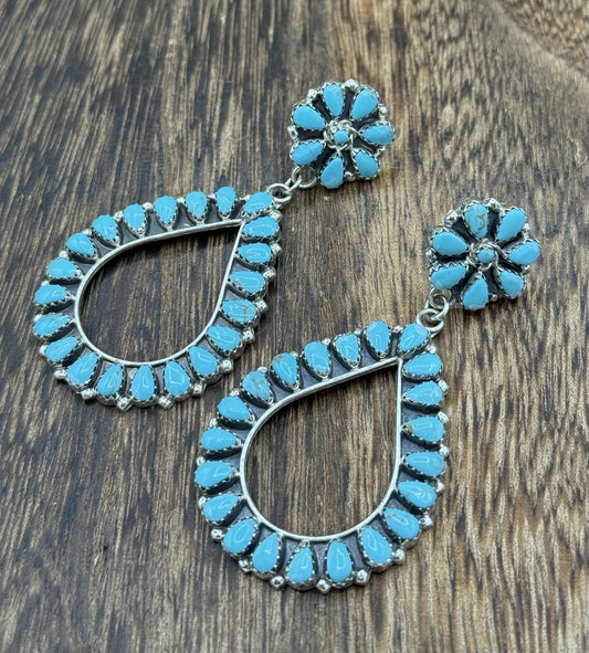 Navajo Handmade Sterling Silver Turquoise Cluster Post Drop earrings Large