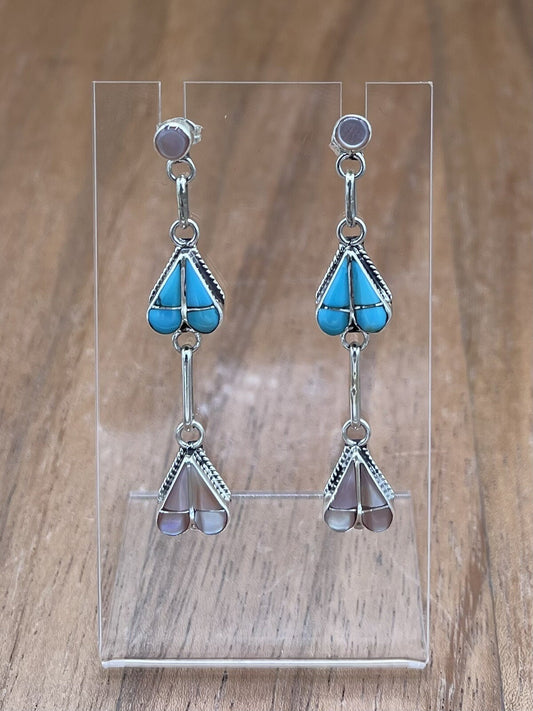 Native American Zuni Handmade Silver Inlay Turquoise Post Dangle Drop Earrings
