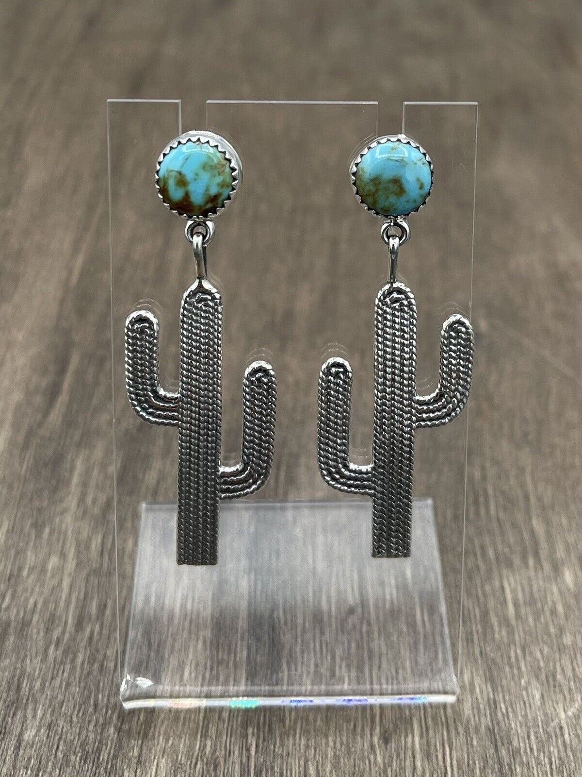 Native American Sterling Silver Navajo Handmade Turquoise Cactus Earrings