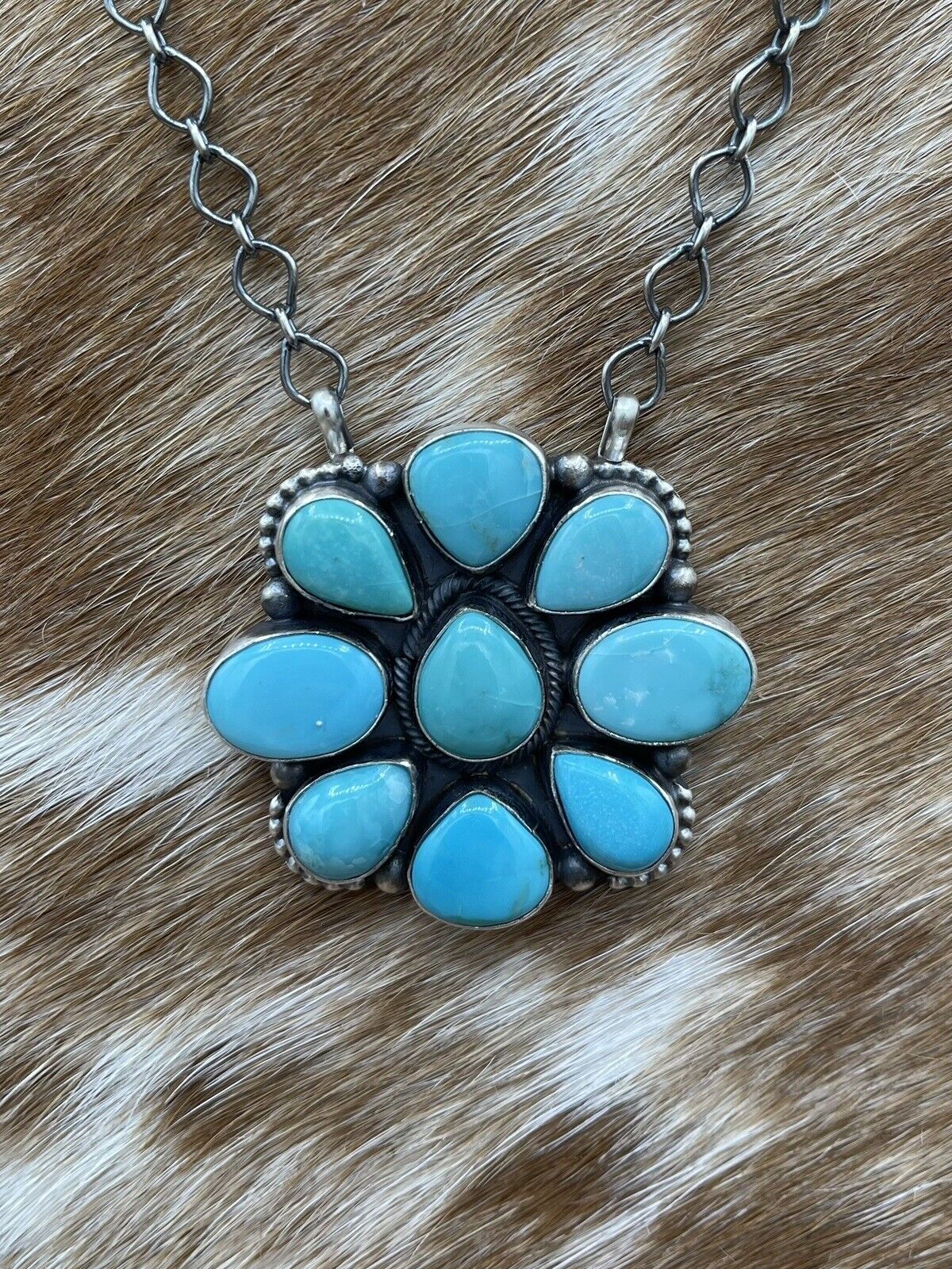 Native American Navajo Handmade Silver Turquoise Cluster Necklace 18 Inch