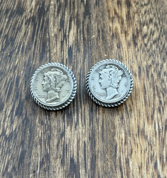Native American Navajo Handmade Sterling Silver Liberty Dime Coin Post earrings