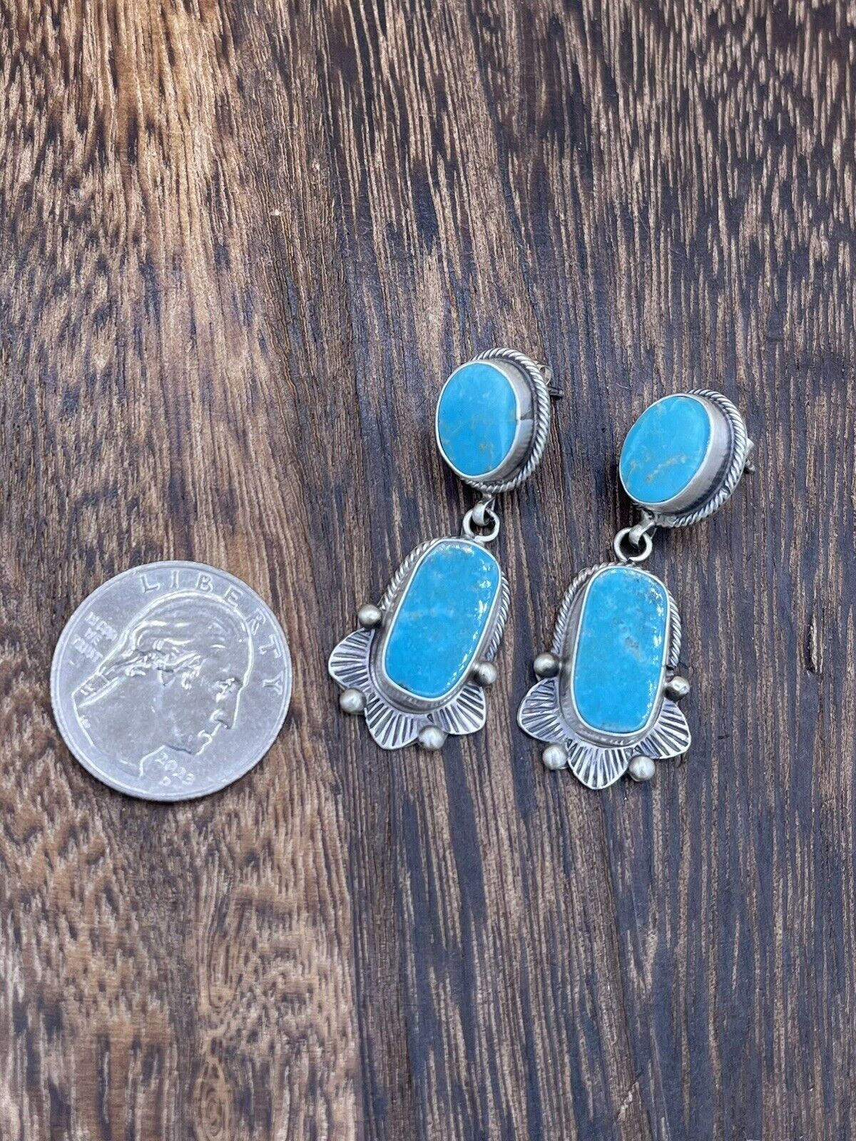 Native American Sterling Silver Navajo Handmade Turquoise Post Dangle Earrings