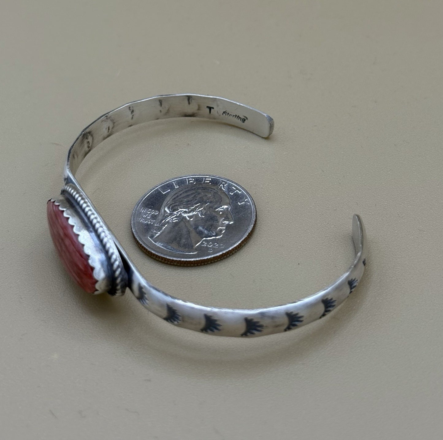 Navajo Handmade Sterling Silver Red Spiny Oyster Stamped Stacker Cuff Bracelet