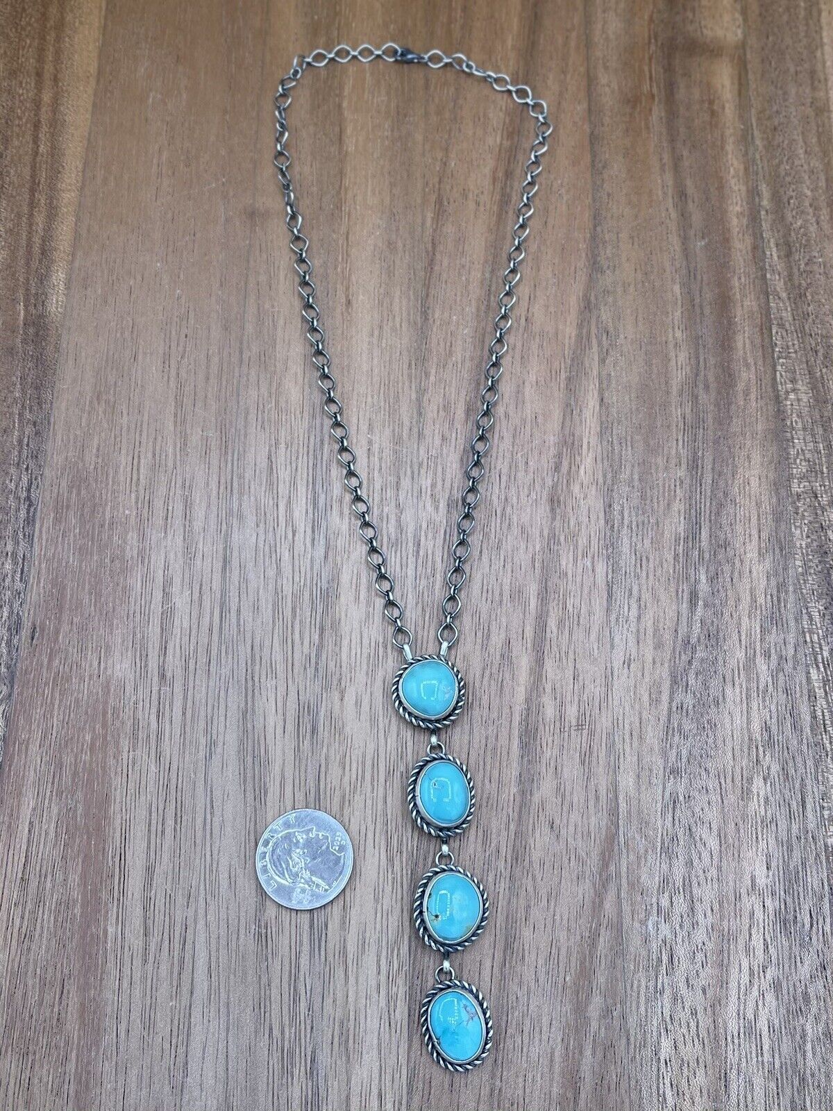 Native American Navajo Handmade Silver Kingman Turquoise Drop Bar Necklace 18”