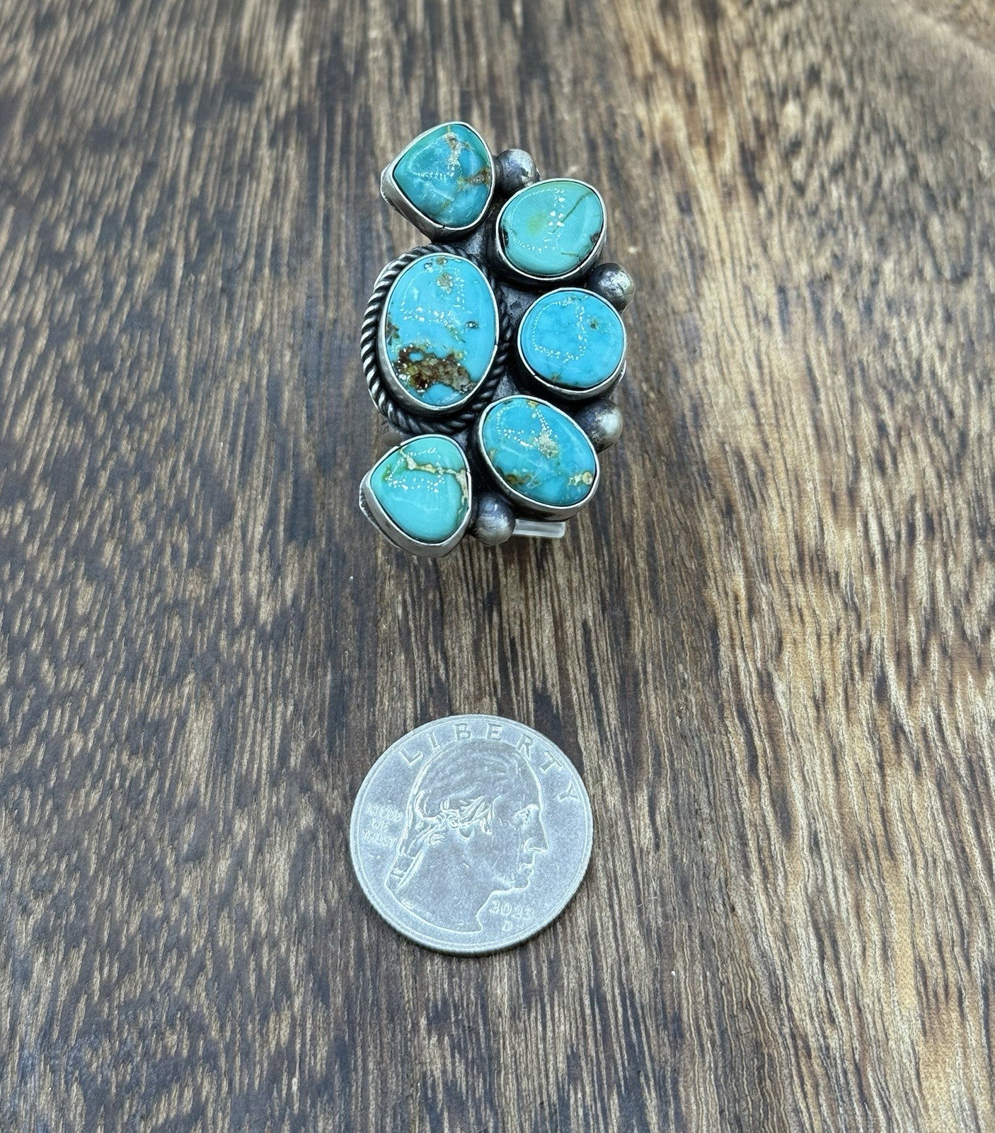 Navajo Handmade Sterling Silver Sonoran Gold Turquoise Half Cluster Ring Size 8