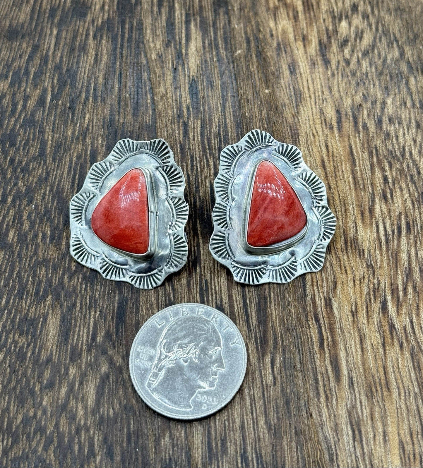 Navajo Handmade Sterling Silver Red Spiny Oyster Shell Stamped Post Earrings