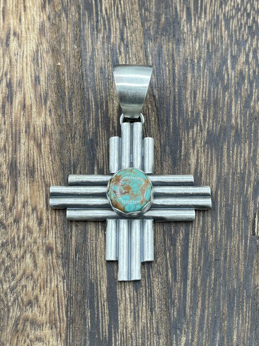 Native American Sterling Silver Navajo Handmade Kingman Turquoise Zia Pendant