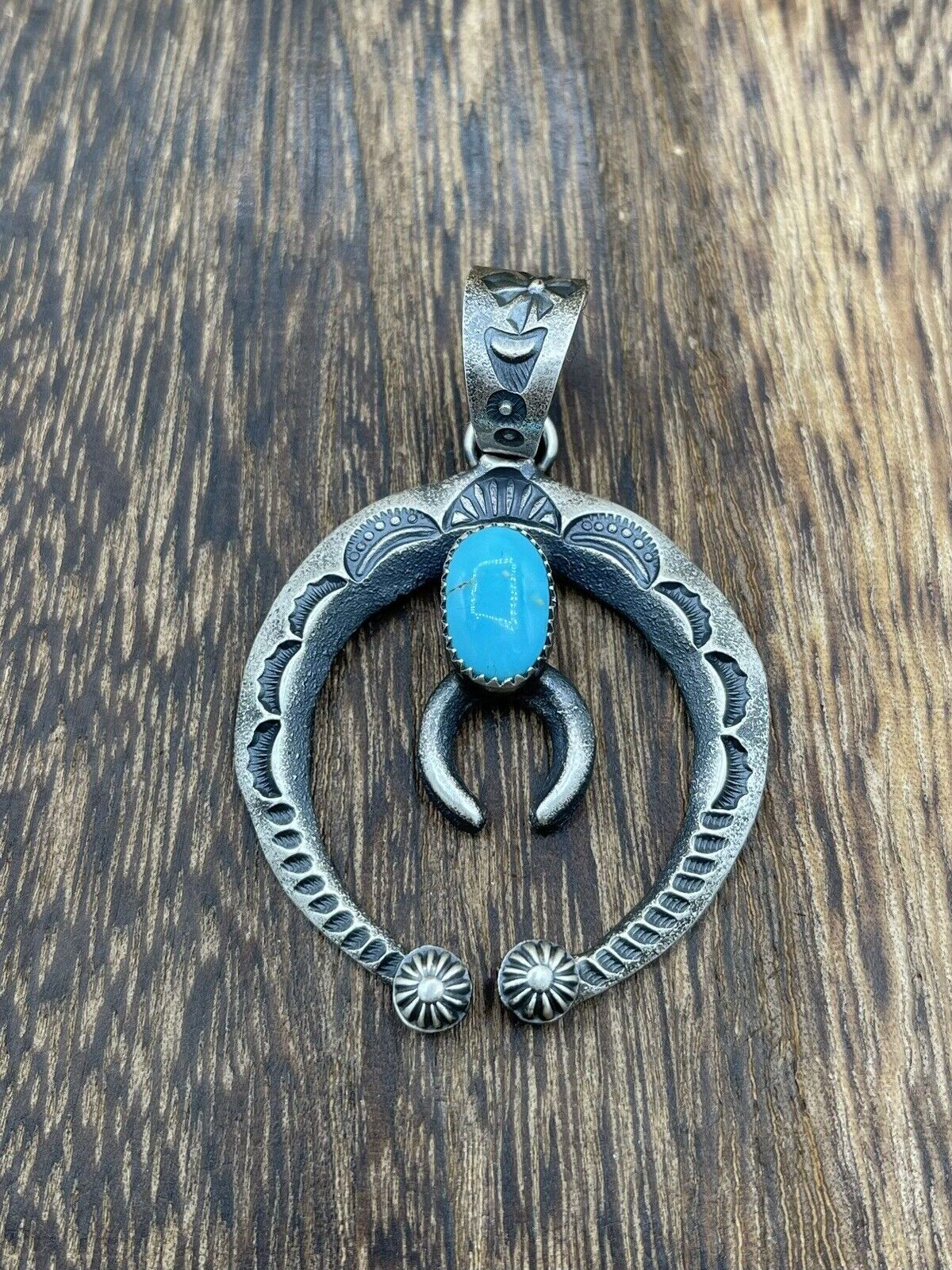 Native American Indian Navajo Handmade Silver Old Look Turquoise Naja Pendant