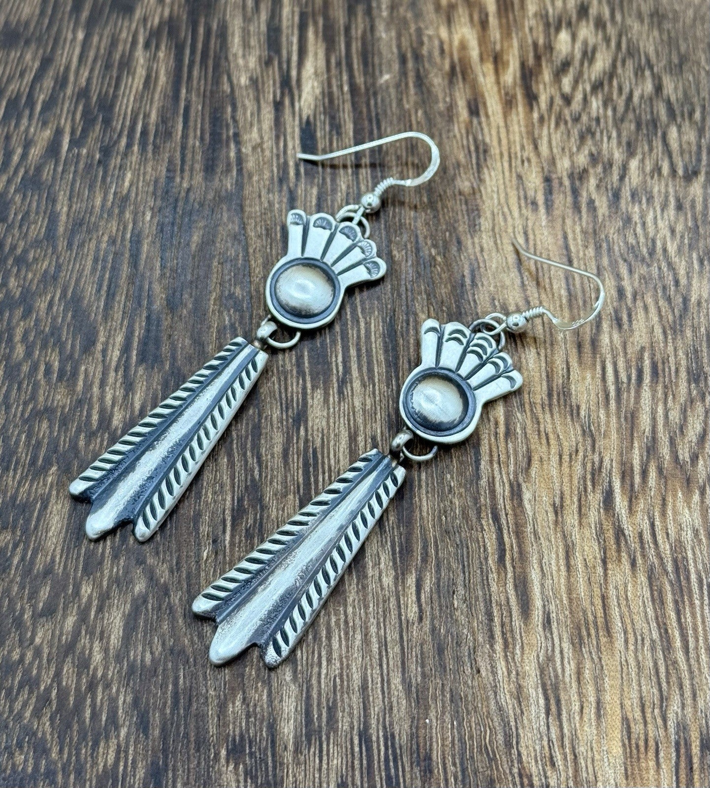 Navajo Handmade Sterling Silver Old Look Stamped Concho Design Dangle Earrings