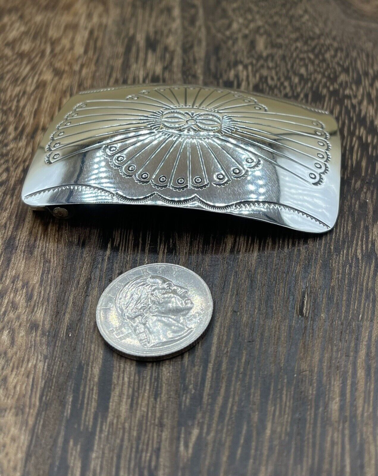 Native American Navajo Handmade Shiny Sterling Silver Belt Buckle By Joann Begay