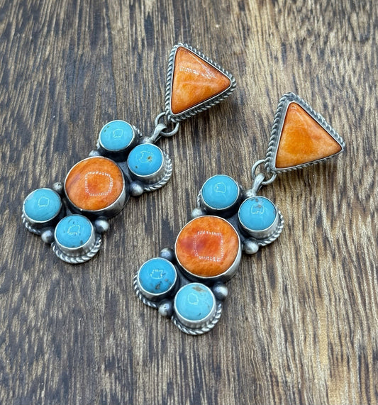 Navajo Handmade Sterling Silver Turquoise & Spiny Oyster Post Dangle Earrings