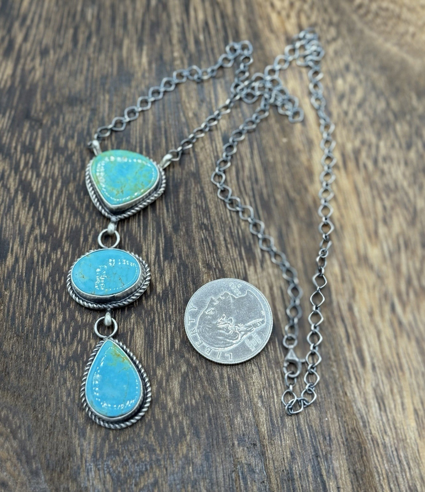 Native Navajo Handmade Sterling Silver Kingman Turquoise Lariat Necklace 18”