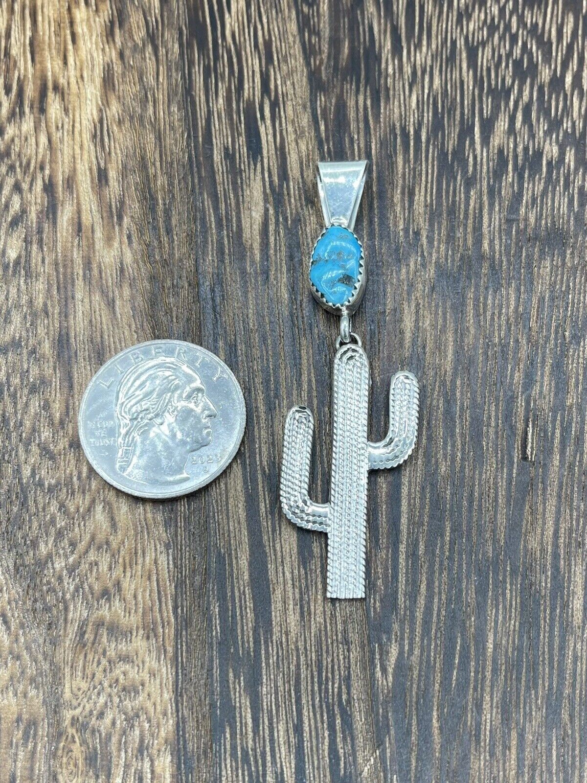 Native American Sterling Silver Indian Handmade Natural Turquoise Cactus Pendant