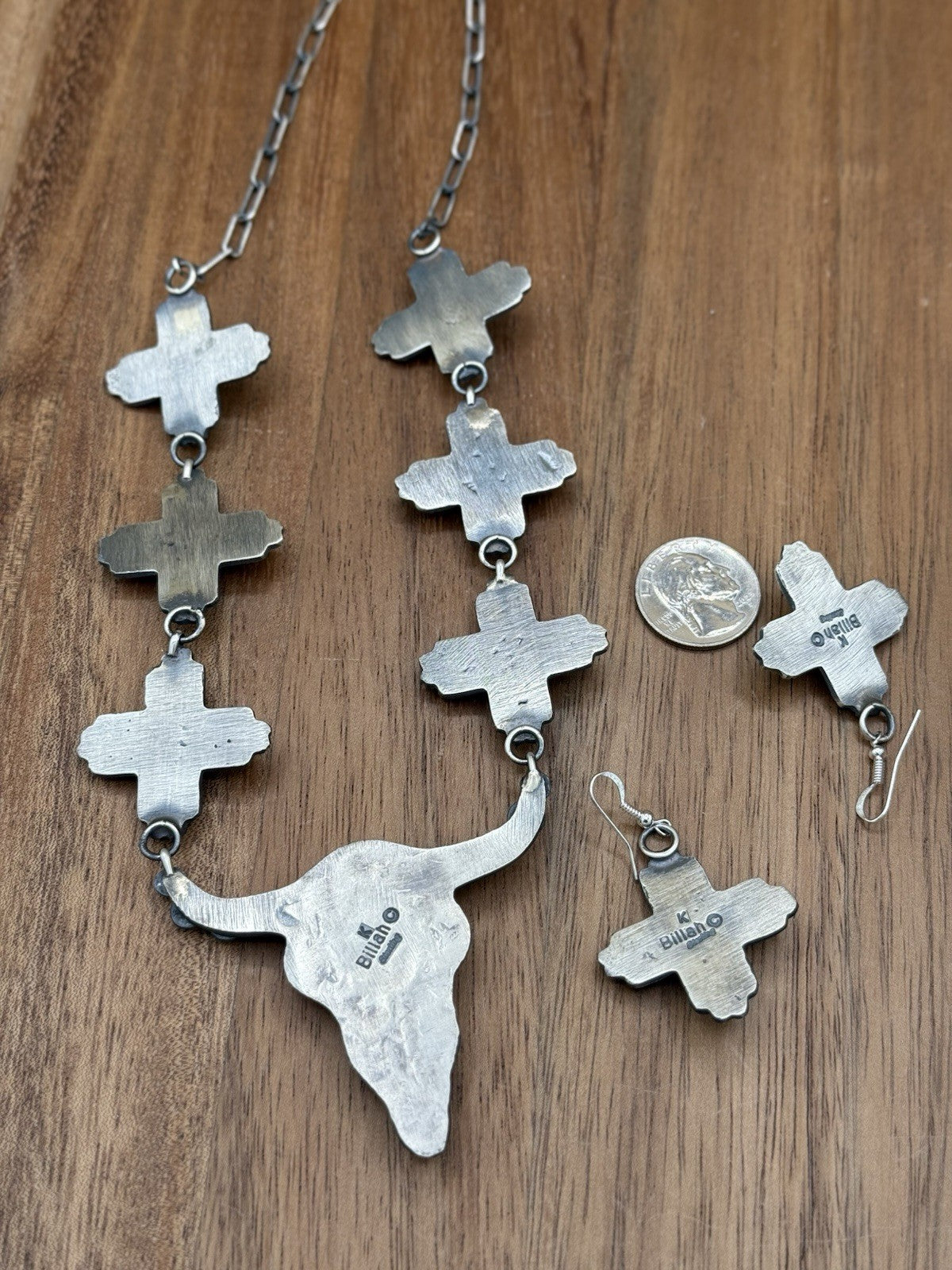 Navajo Handmade Sterling Silver Golden Hills Turquoise Longhorn Zia Necklace Set