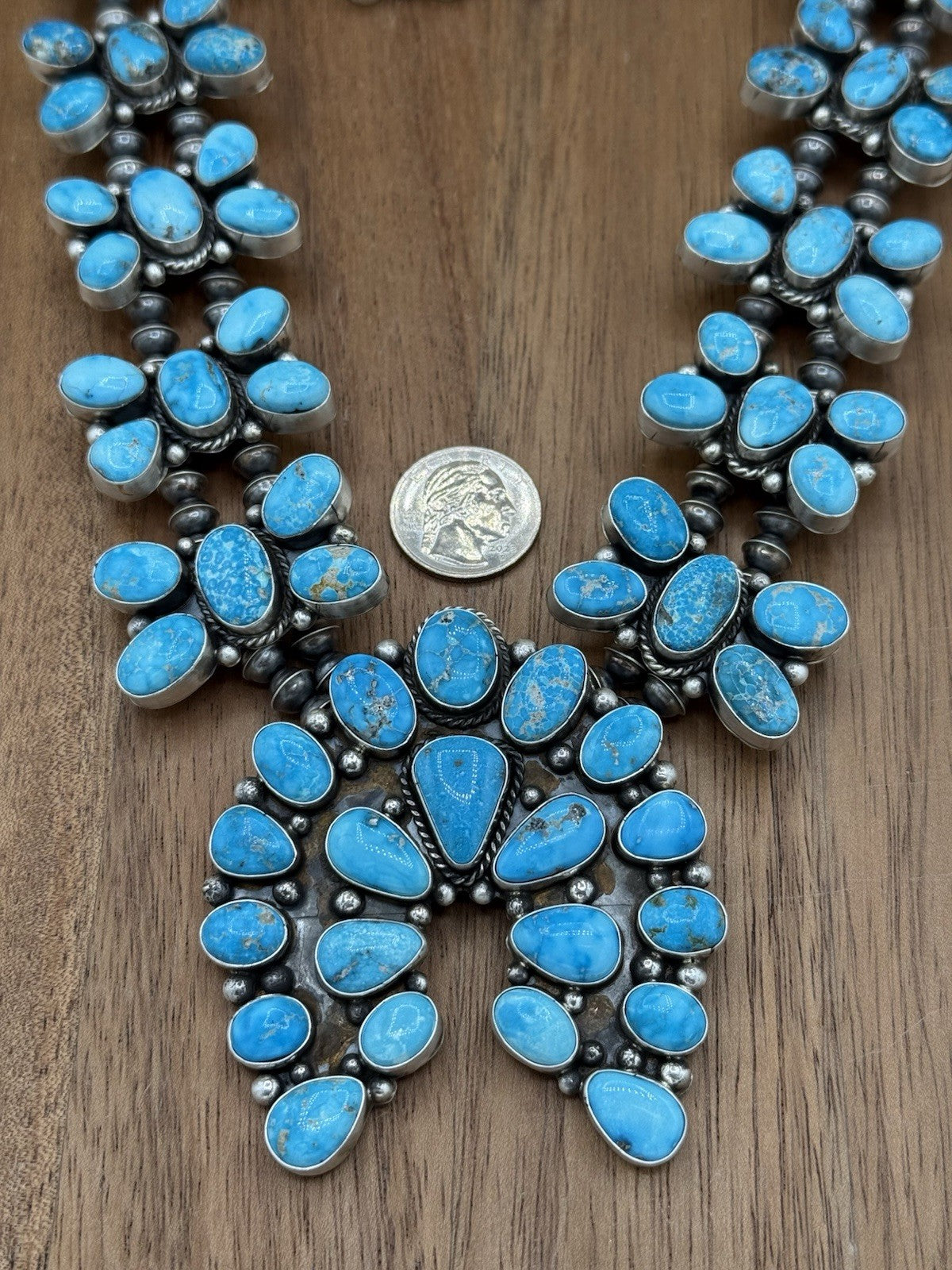 Navajo Handmade Sterling Silver Blue Ridge Turquoise Squash Blossom Necklace
