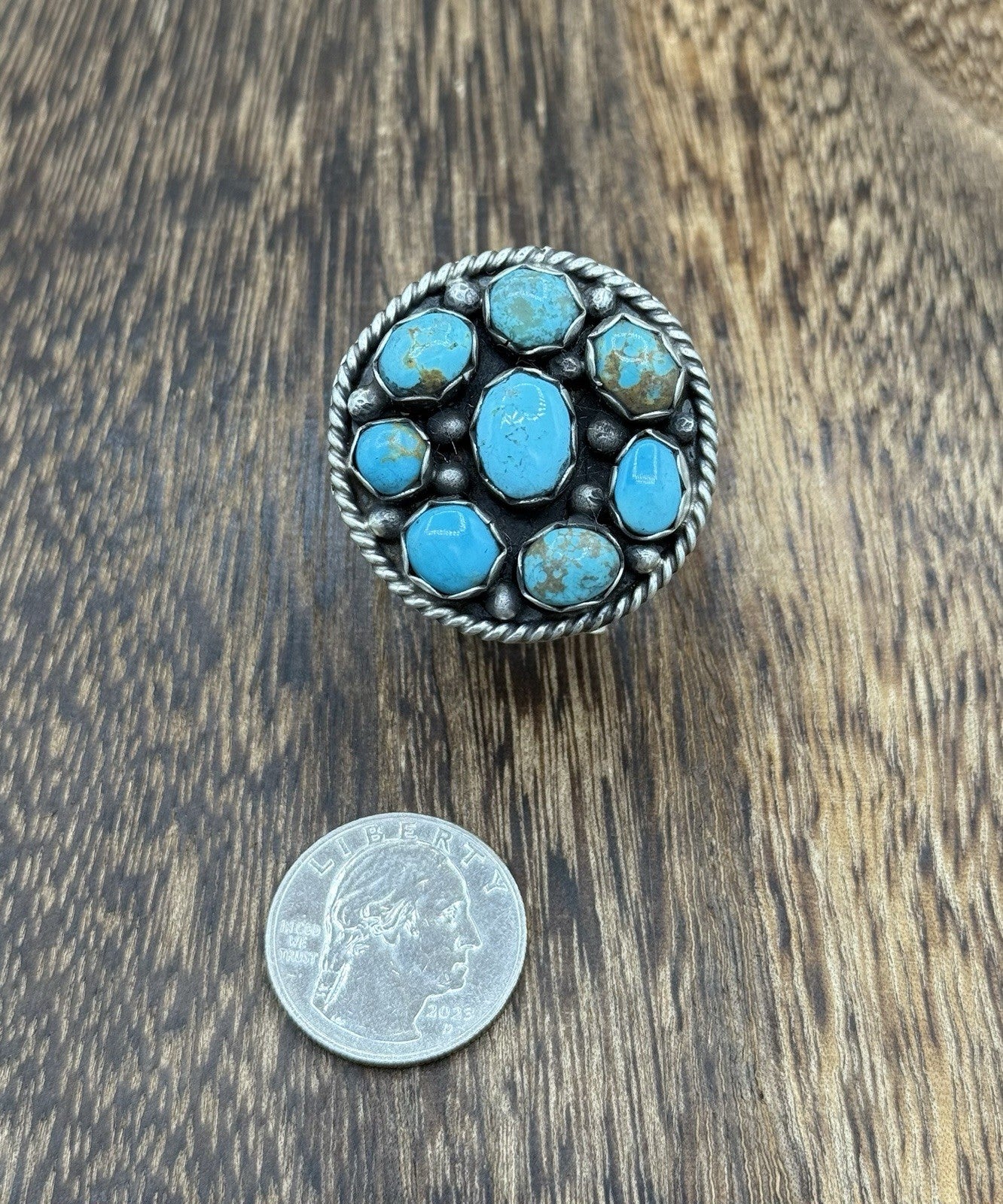 Navajo Handmade Sterling Silver Kingman Turquoise Adjustable Ring Size 7 To 9