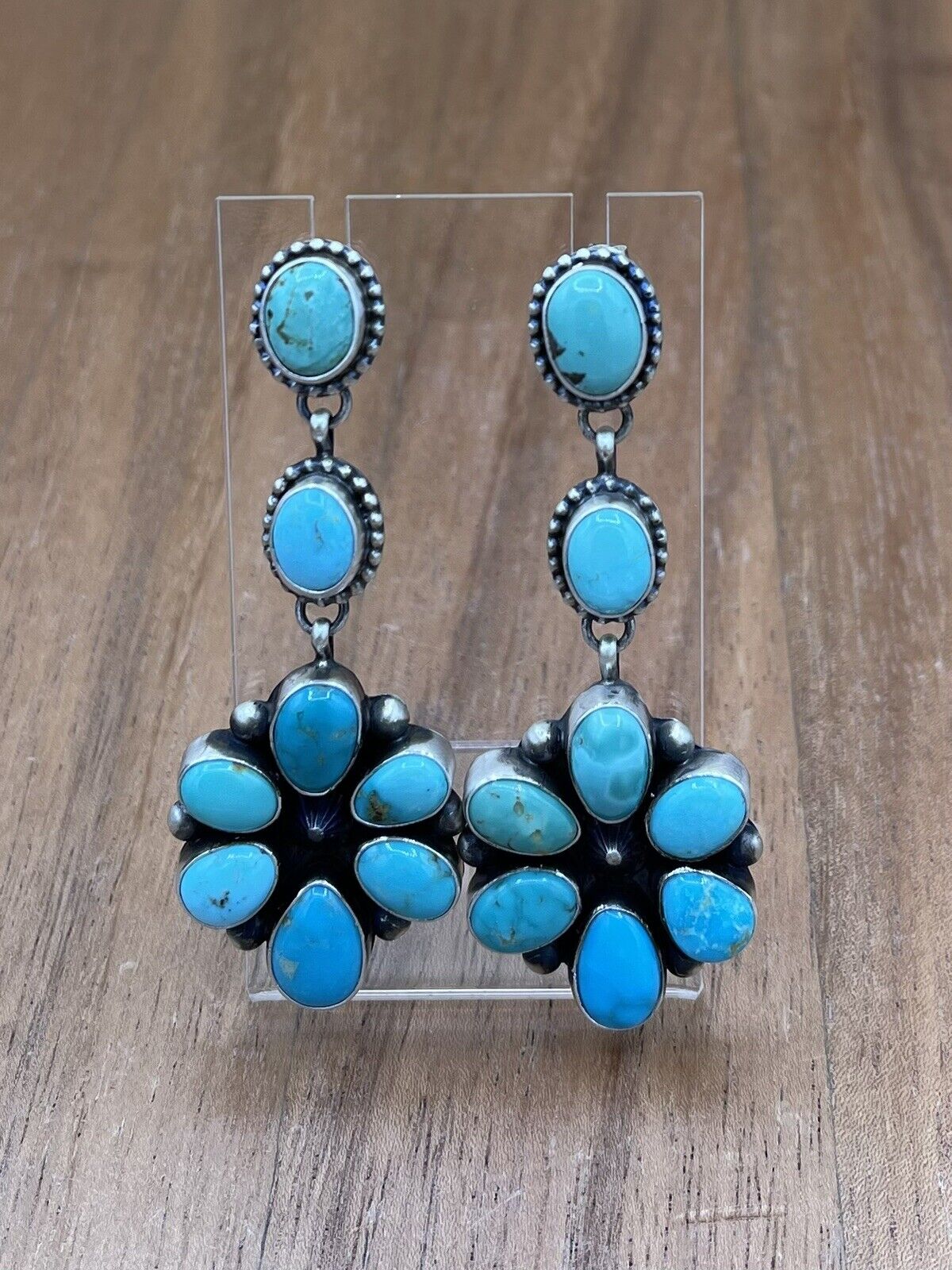 Native American Navajo Handmade Silver Kingman Turquoise Dangle Cluster Earrings