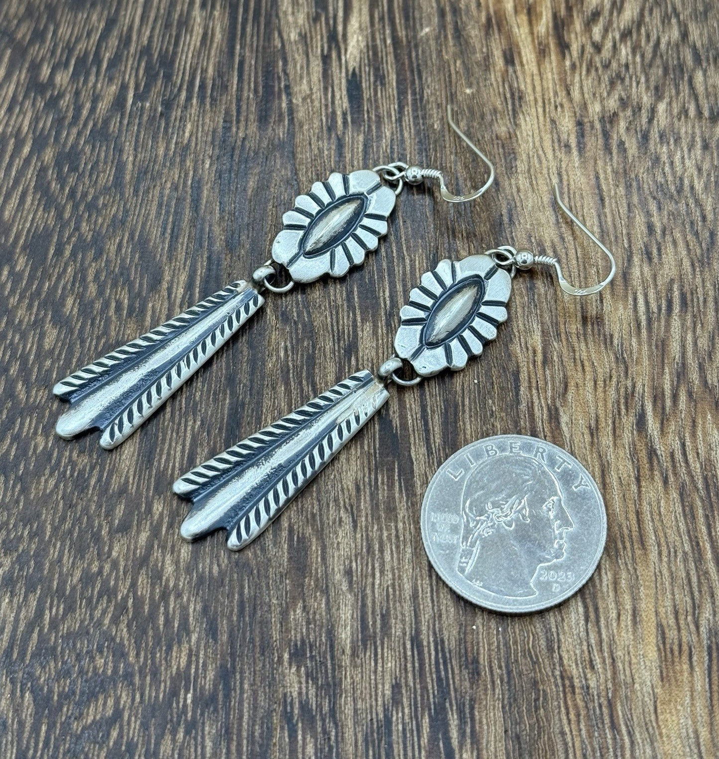 Navajo Handmade Sterling Silver Old Look Stamped Concho Design Dangle Earrings