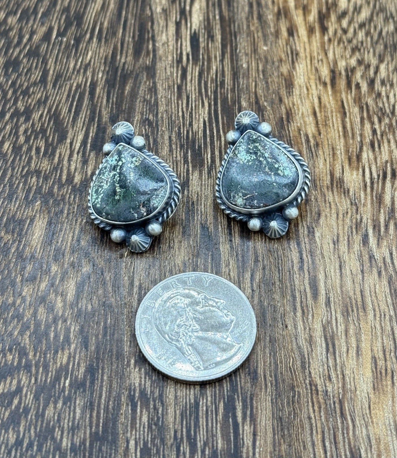 Navajo Handmade Sterling Silver Blackjack Turquoise Old Look Post Stud Earrings
