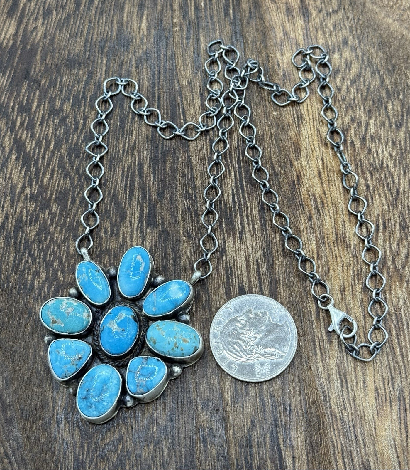 Navajo Handmade Sterling Silver Blue Ridge Turquoise Cluster Bar Necklace 18”