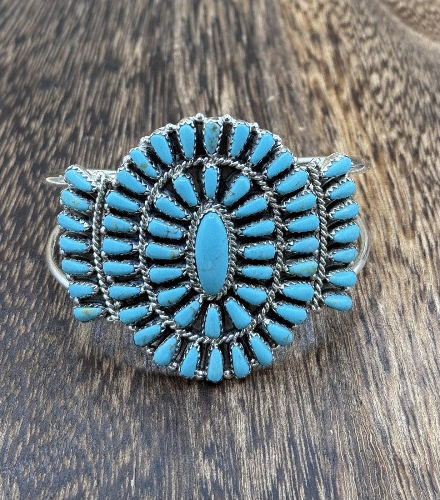 Native American Navajo Handmade Sterling Silver Turquoise Cluster Cuff Bracelet