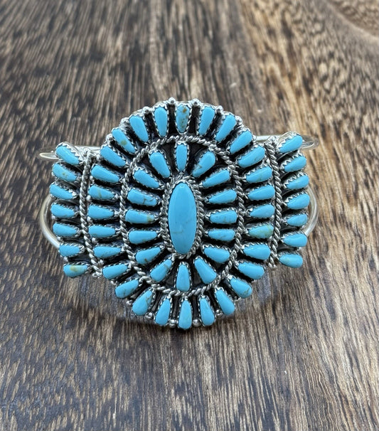 Native American Navajo Handmade Sterling Silver Turquoise Cluster Cuff Bracelet