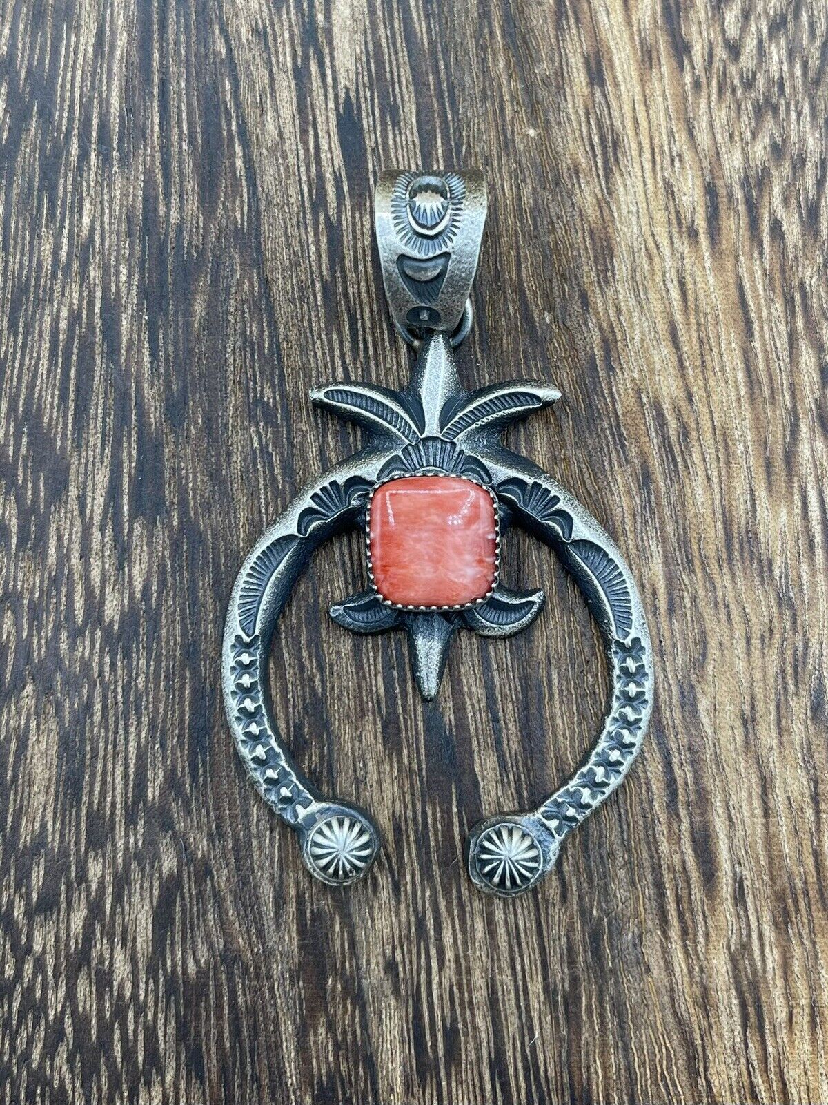 Native American Indian Navajo Handmade Silver Old Look Spiny Oyster Naja Pendant