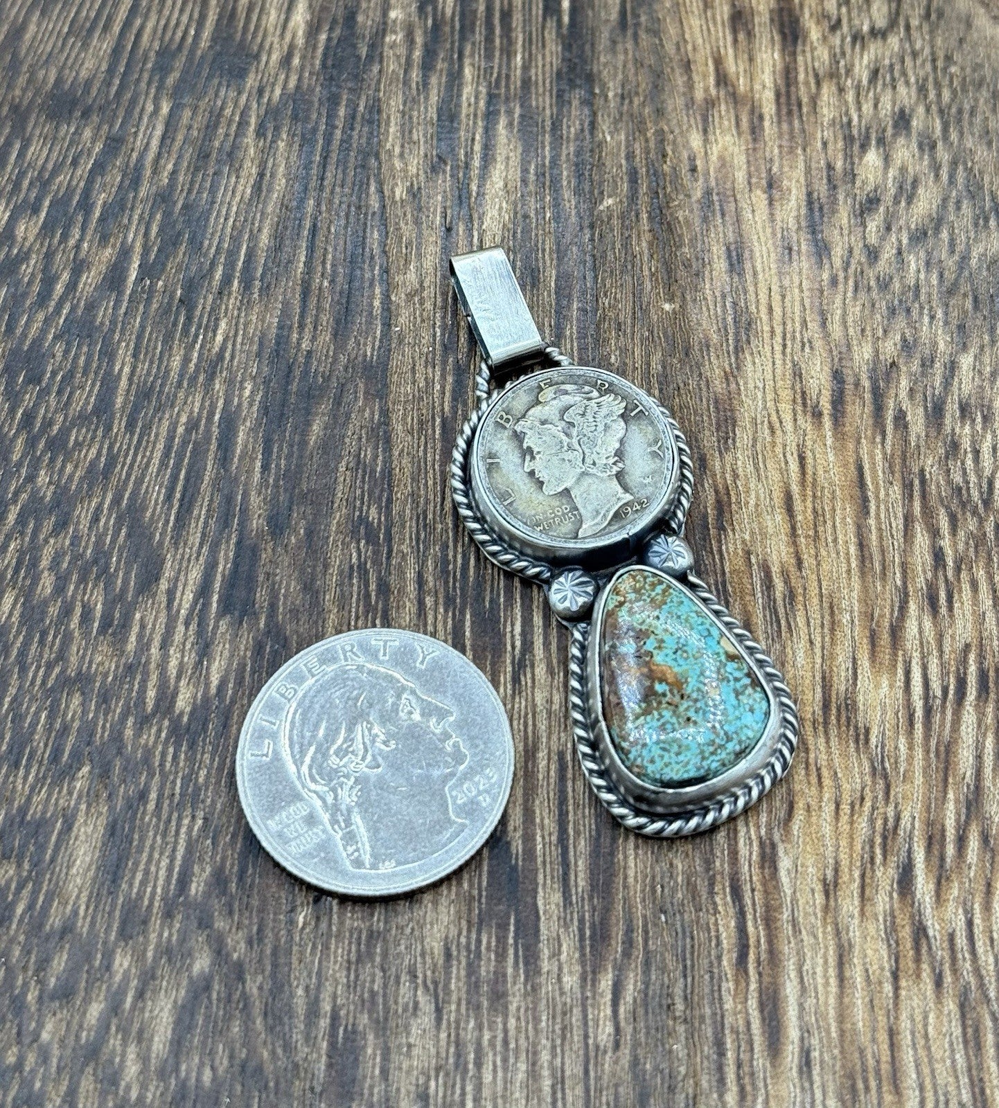 Navajo Handmade Sterling Silver Royston Turquoise Liberty Dime Coin Pendant