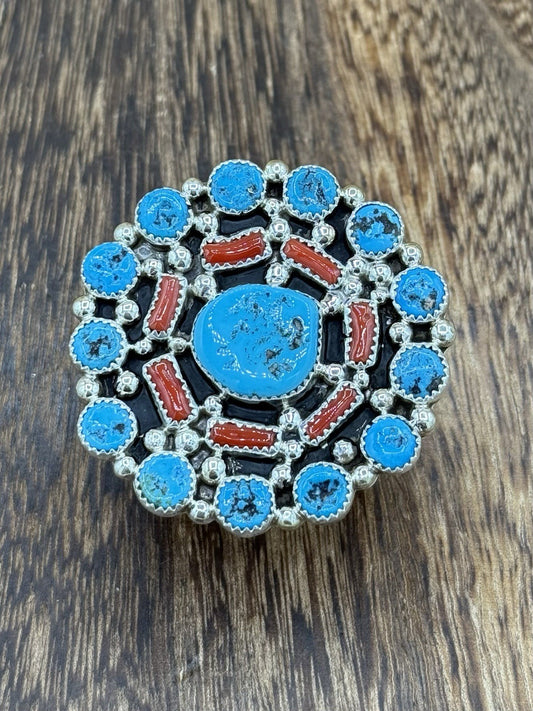 Navajo Handmade Sterling Silver Sleeping Beauty Turquoise & Coral Adjustable 6-9