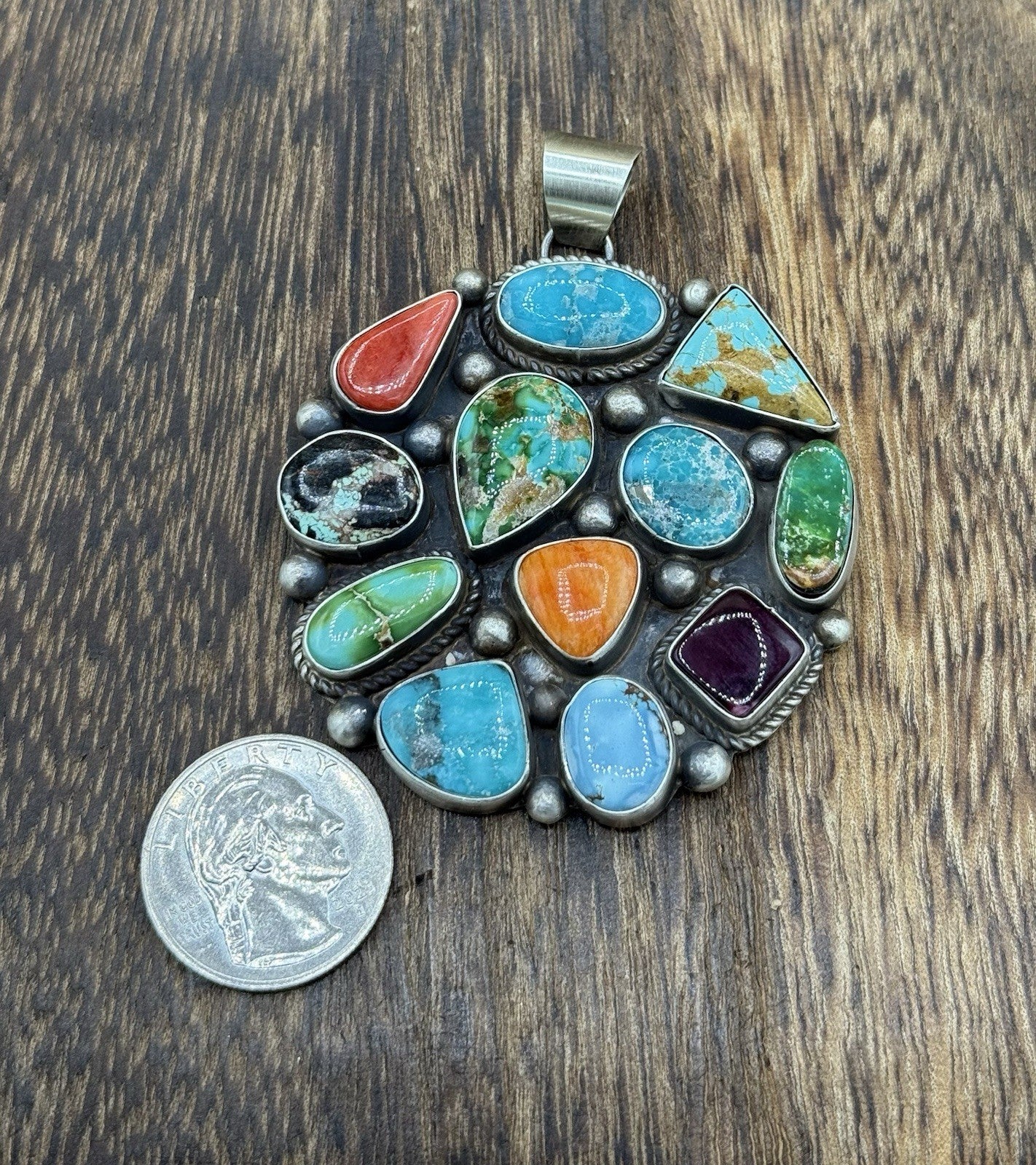Navajo Handmade Sterling Silver Mixed Turquoise Spiny Large Cluster Pendant