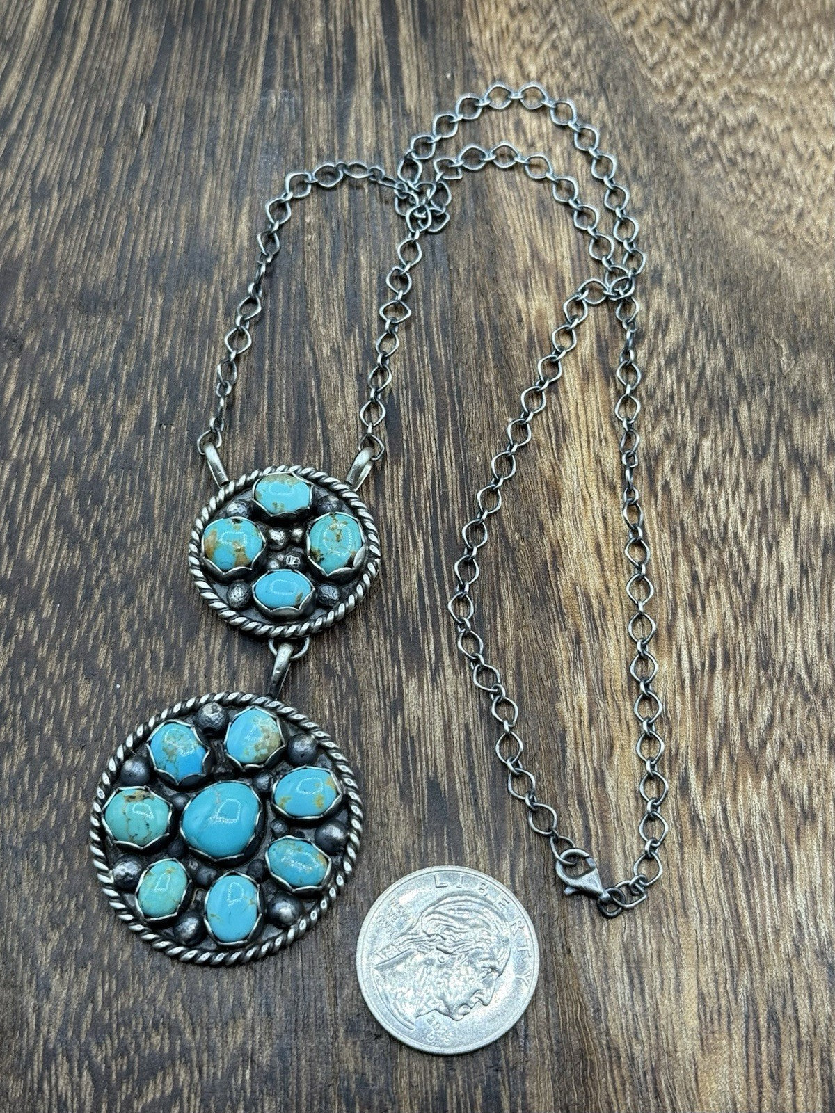 Navajo Handmade Sterling Silver Kingman Turquoise Cluster Bar Necklace 18”