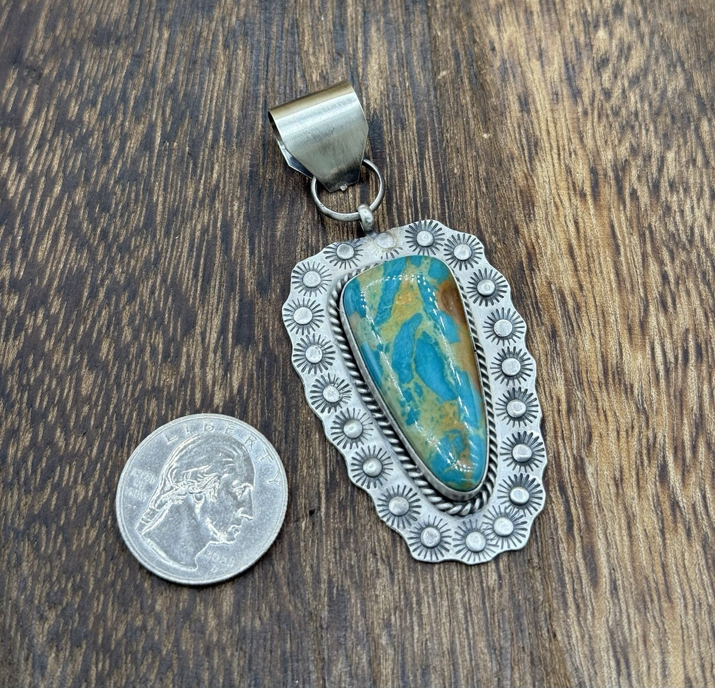 Navajo Handmade Sterling Silver Royston Turquoise Stamped Design Drop Pendant