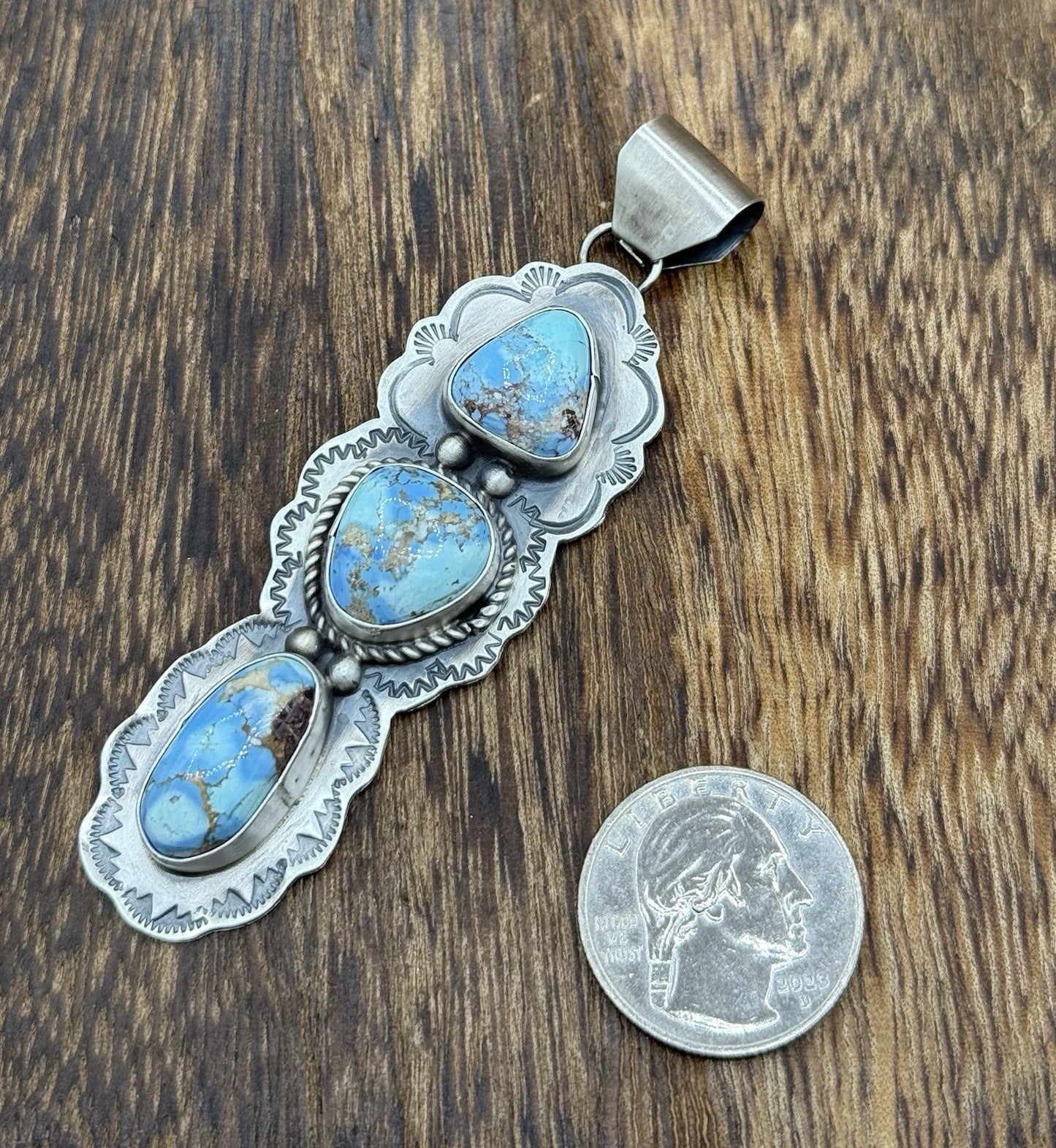 Navajo Handmade Sterling Silver Golden Hills Turquoise Stamped Drop Pendant