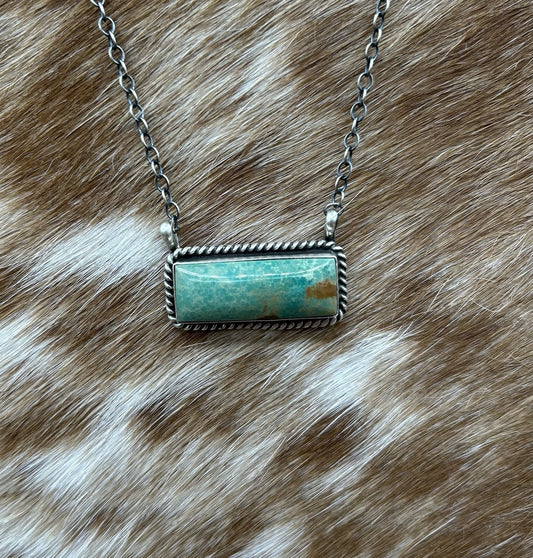 Navajo Handmade Sterling Silver Kingman Turquoise Bar Necklace 16”
