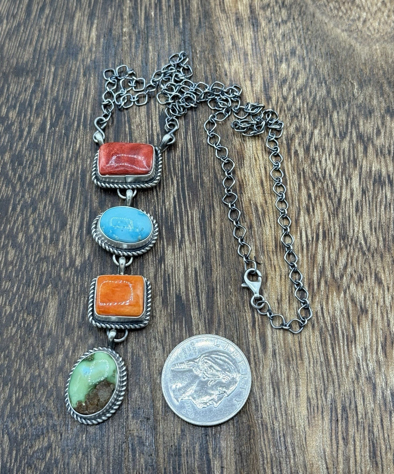 Navajo Handmade Sterling Silver Multi Color Mixed Stone Lariat Necklace 18”