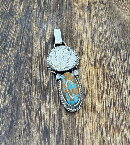 Navajo Handmade Sterling Silver Royston Turquoise Liberty Dime Coin Pendant