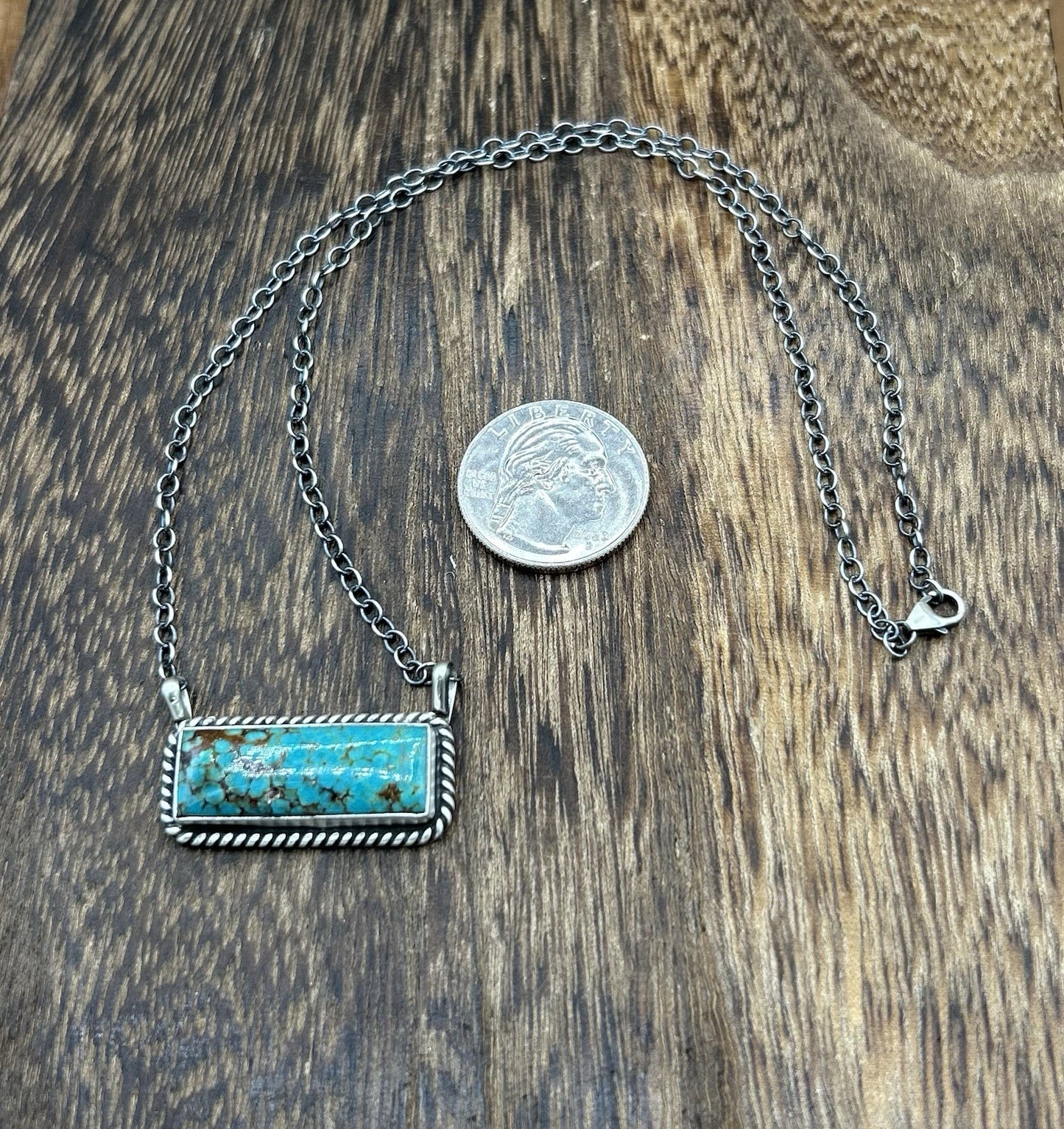 Navajo Handmade Sterling Silver Kingman Turquoise Bar Necklace 16”