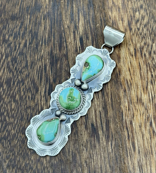 Navajo Handmade Sterling Silver Sonoran Gold Turquoise Stamped Drop Pendant