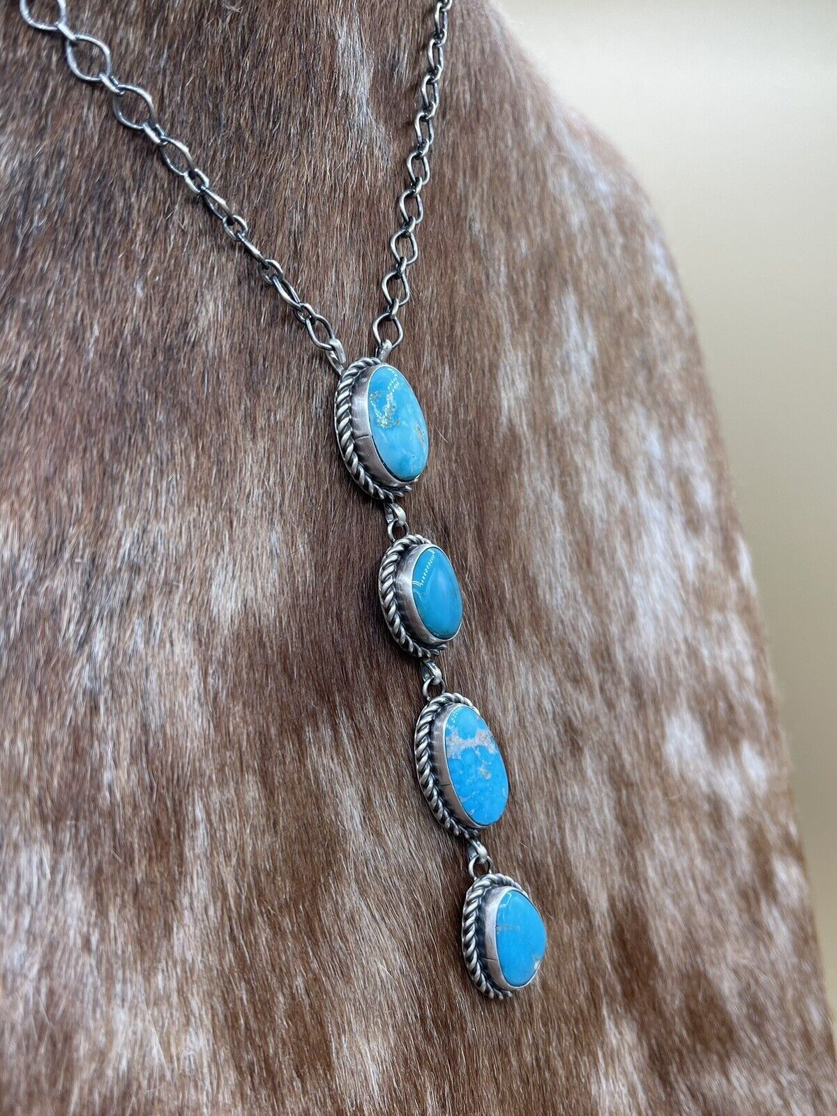 Native American Navajo Handmade Silver Kingman Turquoise Drop Bar Necklace 18”