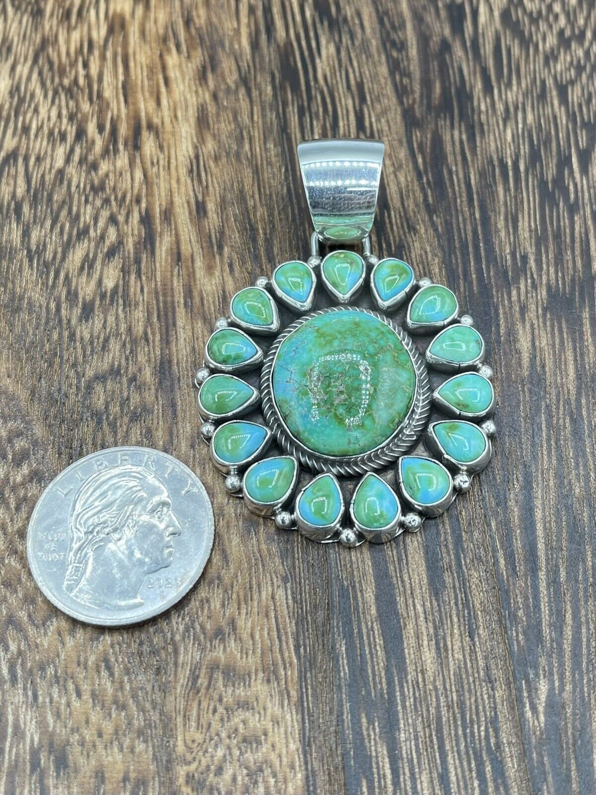 Native American Sterling Silver Navajo Handmade Natural Turquoise Pendant